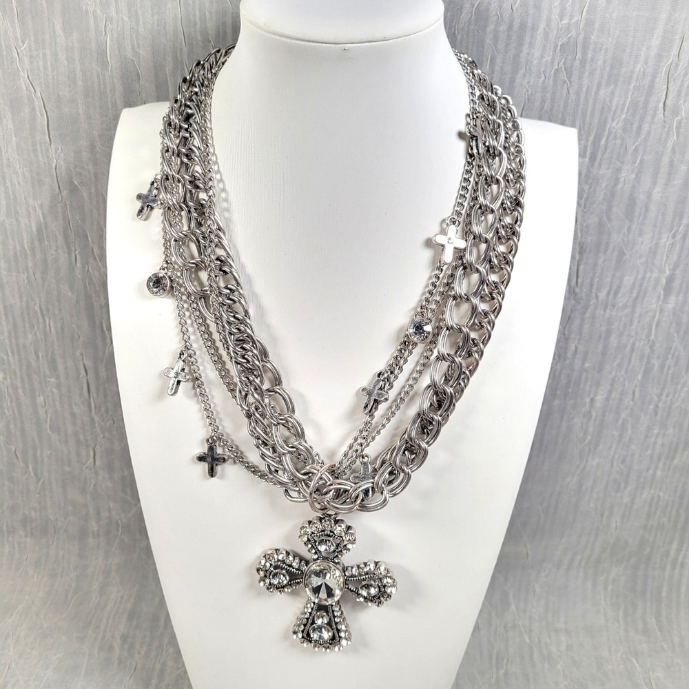 Chunky Multi Strand Cross Pendant Statement Necklace Clear Stones Silver Tone